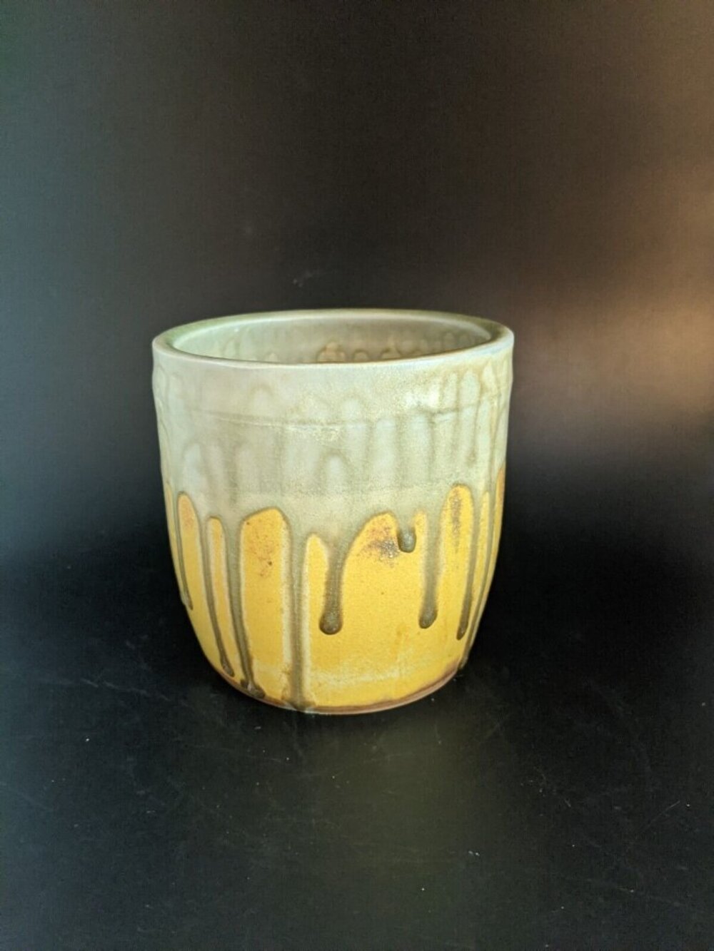 Studio Pottery Pot Vase Planter Yellow Green Drip Glaze Handmade Signed 4.5"